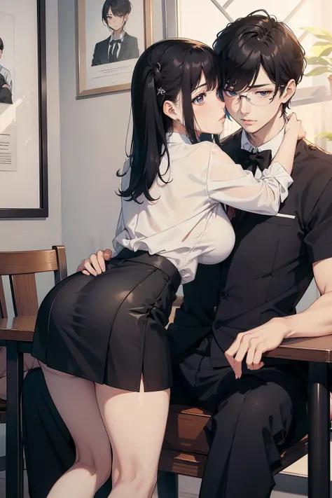 top-quality　​masterpiece　Male and female couples　Girl sitting on a chair wearing a tight skirt over a blouse。Boys hugging each other from behind。Boys wearing high school long pants uniforms with mash cut hairstyles。Without glasses、Revenge relationship, hot...