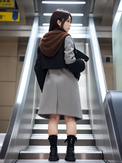 Up Escalator Skirt、short coat、bottom body close up、View from behind、Very low camera angle、Slouched、bent forward