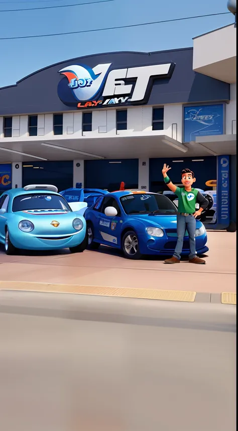 Um homem estilo disney pixar, alta qualidade, melhor qualidade, em frente a uma loja de carros com o logotipo escrito Jet Motors