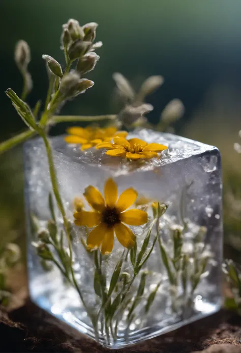 A very beautiful picture of frozen small wild flowers under an icecube, macro photography, very beautiful environment, bush, zoom out, single subject, highly detailed, 4k