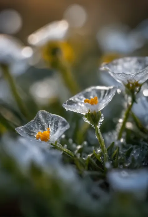 A very beautiful picture of frozen small wild flowers under an icecube, macro photography, very beautiful environment, bush, zoom out, single subject, highly detailed, 4k