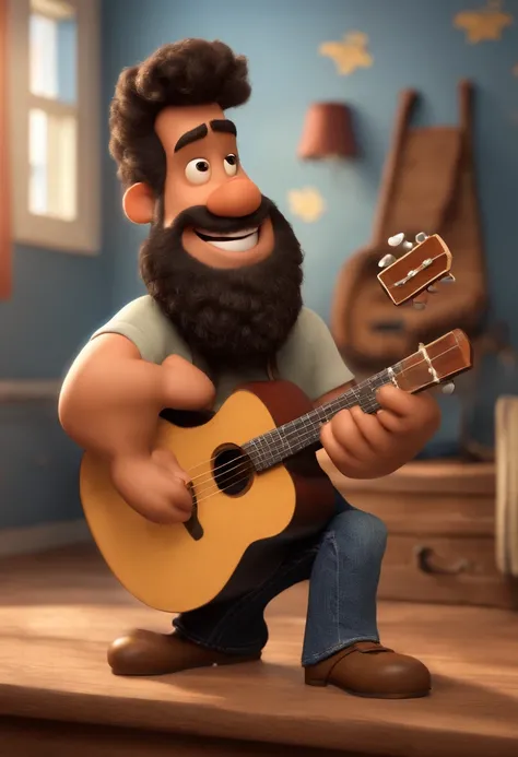 Criar cartaz de filme estilo Disney Pixar  em 3d, Homem alto, gordo, com camiseta preta, Denim Jeans Pants, botina militar cor areia, cabelo curto com topete, barba, singing and playing a Black Folk guitar with the title Singing Life