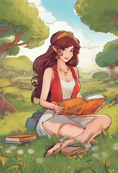 mulher de araffe em um vestido vermelho, Jovana Rikalo, Anna Nikonova aka Newmilky, usando um vestido vermelho, como uma escritora, em um mundo de fantasia, With a book and a pen in his hand, com uma paisagem de fantasia ao fundo, com personagens de fantas...