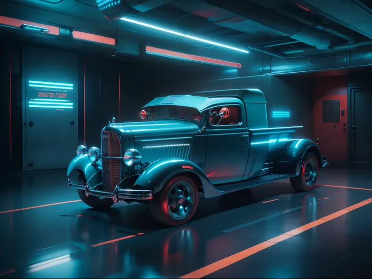 1930s style futuristic pickup truck, crimson colors, electric blue, smoky black, baby blue, full body shot, fantastic realism, robotic, hyperrealistic, cinematic lighting, futuristic interior design, robot, 8k