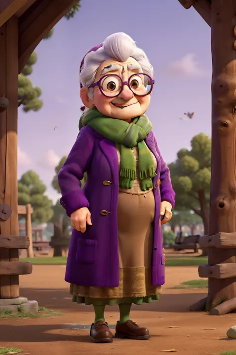 masterpiece, best quality, an old woman with glasses and a scarf on, wearing a purple coat and green scarf, standing at the park