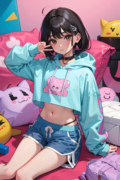 wariza,(child)，（​masterpiece，Highest Quality），Crop Top Look，Pastel Hoodie，(Gingham Check Shorts)，A dark-haired，Twin-tailed，World of toys