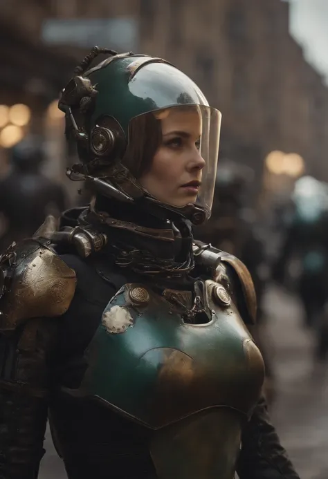 There are many robots walking down the street in this photo, eve ventrue, filme ainda do filme, Smogpunk, army of robots, trending on 500px, inspirado em Mirabello Cavalori, motocicleta steampunk, Trend in Artstattion, Directed by: Ryan Barger, Captura wid...