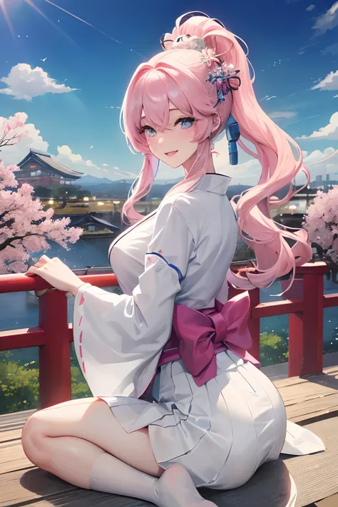 Official art, ​masterpiece, foco nítido, (Beautiful gorgeous cute Japan woman:1.3), (Beautiful cute Japan woman:1.3), The beauty of the Japan, Delicate Beautiful Hair and Eyes and Face, realisitic, ultra-detailliert, a beauty girl, blue-sky,Particles that ...