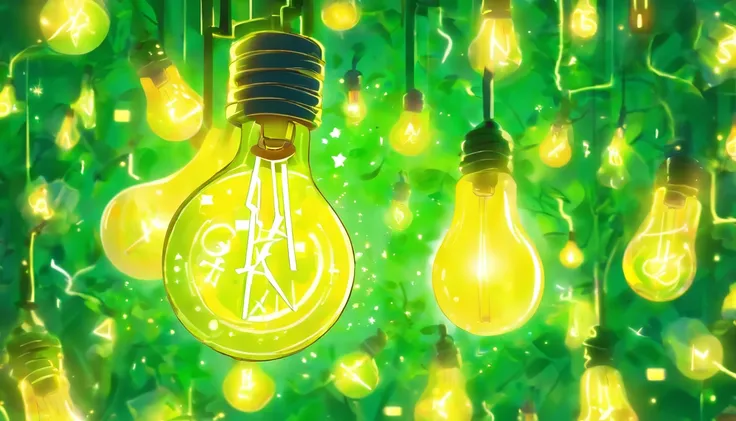 Desenho, com fundo de folhas verdes desfocadas, and a single main image of a not-so-bright yellow bulb, with icons around this light bulb, Each icon represents a different interpretation of the concept of energy for chemistry, biology and physics