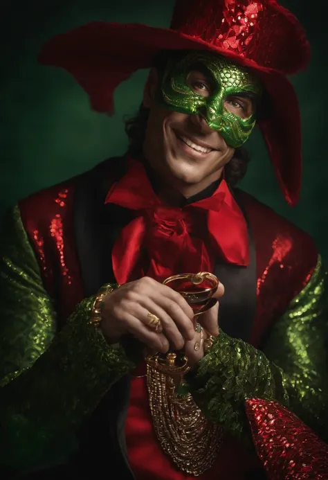 Um Homem magro e mau com um sorriso macabro, Dressed in a red magician outfit with shiny sequins, Half serpent body looking forward holding a hypnosis watch in hand, His face has reptilian features and greenish skin