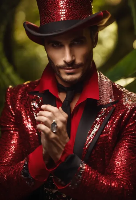 Um Homem magro e mau com um sorriso macabro, Dressed in a red magician outfit with shiny sequins, Half serpent body looking forward holding a hypnosis watch in hand, His face has reptilian features and greenish skin