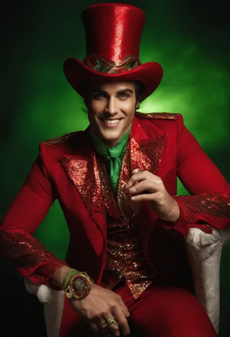 Um Homem magro e mau com um sorriso macabro, Dressed in a red magician outfit with shiny sequins, Half serpent body looking forward holding a hypnosis watch in hand, His face has reptilian features and greenish skin