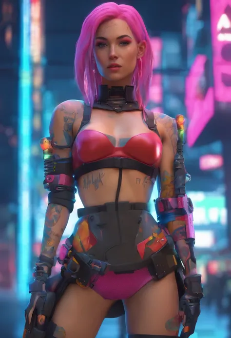 cyberpunk girl, Stadtbild, Neonlichter, Arm-Tattoos