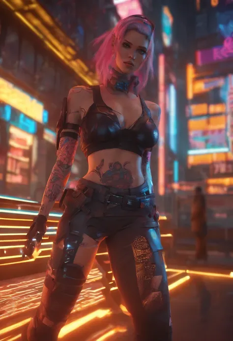 cyberpunk girl, Stadtbild, Neonlichter, Arm-Tattoos