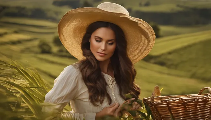 revista de moda，ultrarealism oil painting，Long-haired girl， camponesa, Works on the coffee plantation, He carries a basket of straw on his head, Their raised arms balance the basket, fundo Verde claro，Coffee plating background，O estilo do artista Bruce Zhe...