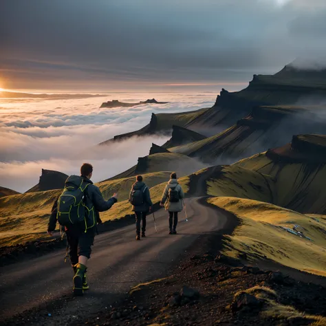 People walk on the hills，Cloudy sky in the background, walking above the clouds and fog, iceland photography, Combat and adventure photography, max rive, iceland, unsplash contest winning photo, traveling through the mountains, pexels contest winner, durin...