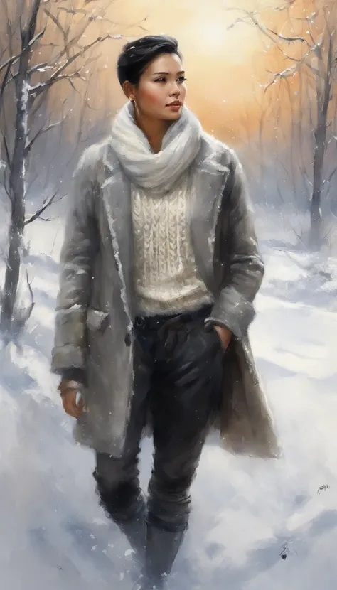 ((from the side)), ((from the bottom)), ((Full Body Esbian)), ((photorealistic portrait)), Beautiful Asian Models, Short black hair, Slender Legs, cold light, night, Starriski, In winter, snowfall, Snowfield, ((White sweater,His pants are long.)), (white, ...