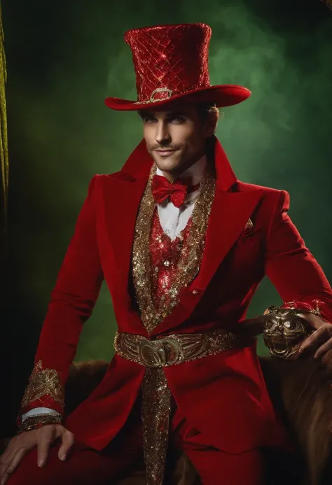 Um Homem magro e mau com um sorriso macabro, Dressed in a red magician outfit with sparkly sequins, Half serpent body looking forward holding a hypnosis watch in hand, His face has reptilian features and greenish skin