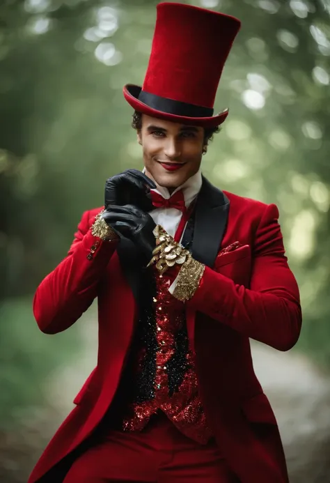 Um Homem magro e mau com um sorriso macabro, Dressed in a red magician outfit with sparkly sequins, Half serpent body looking forward holding a hypnosis watch in hand, His face has reptilian features and greenish skin