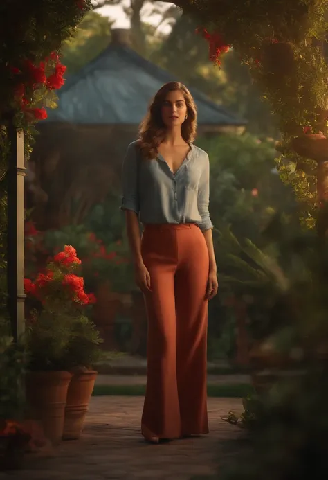 4k, Realistic, carismatic, Muito Detalhe, there is a girl in the garden house, vestindo mulher coelho , tema suave, Pants, 25 anos, corpo inteiro