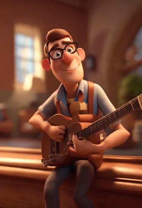 Cartoon character of a man with glasses , kalap, barba ,playing the guitar,  gordinho,animation character, Caractere estilizado, animation style rendering, 3D estilizado, Arnold Maya render, 3 d render stylized, toon render keyshot, Personagem 3D, Personag...