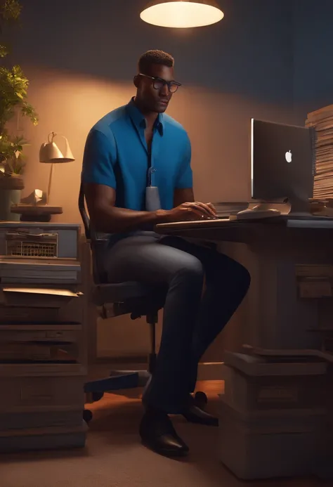 tall black man, no beard in dark blue shirt, working on computer 3D disney cartoon