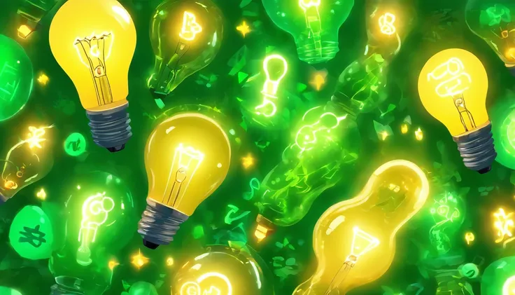 Foto, com fundo de folhas verdes desfocadas, and a single main image of a not-so-bright yellow light bulb in the center, with icons around this light bulb, Each icon represents a different interpretation of the concept of energy for chemistry, biology and ...