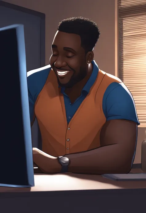 tall black man, no beard, dark blue shirt, smiling working on computer 3D disney cartoon