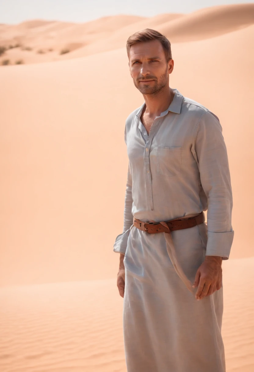 Beardless man with his back to the desert, very short hair, dubai en fond, 50m from the camera, high contrast, couleurs chaudes, ultra realist, highly detailed, complicated, mise au point nette, profondeur de champ, Prise de vue moyenne, Hdr, 8k, (hyperrea...