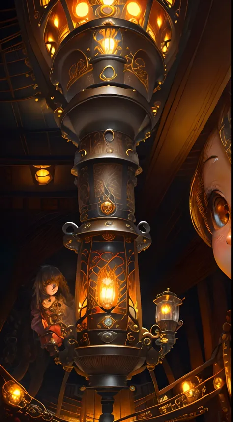 steampunkai。Beautiful。 (masutepiece:1.2)。(Best Quality:1.2)。Perfect face。((Two Girls 1.5))。Japan schoolgirl in steampunk style。(One has long hair)。(The other is shorthaired)。Fly your hurricane lights and explore the labyrinthine passages。(Lighting is one h...