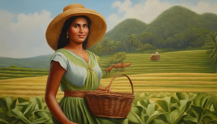 ultrarealism oil painting，Girl on her back，Your face doesnt appear, camponesa, Works on the coffee plantation, He carries a basket of straw on his head, Their raised arms balance the basket, fundo Verde claro，Coffee plating background