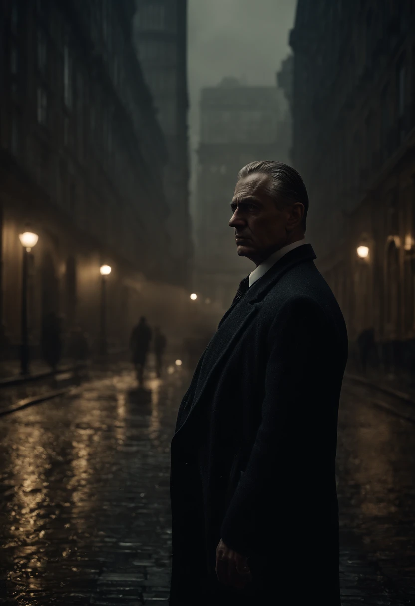 (best quality,highres,masterpiece:1.2),dark and dramatic scene,imposing Russian mobster,night,stormy weather,strong and intimidating figure,wearing a sharp suit,piercing eyes,menacing expression,aged and weathered face,shadows and flickering lights in the ...