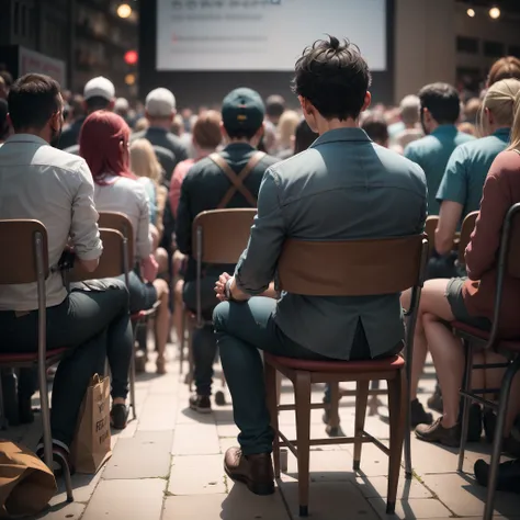 set pointless man, sitting alone, watching crowd of people view from behind