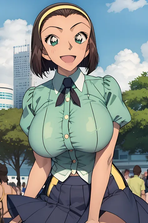 is looking at the camera、looking over here、lookatviewer、anime styled、eroge、1girl in,  huge-breasted, white  shirt, the shirt, lo...