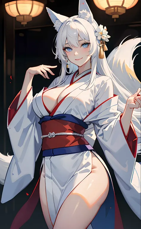 花魁、Longhaire、White hair、Bright blue eyes、Colossal tits、A sexy、lascivious、White kimono、Futomo、white dougi、Healthy skin、Nine-tailed white tail、Fox ears、slight smile