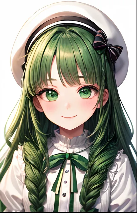 girl with、No background、without background、Background through、Green hair、Green hair、Long、The long-haired、Braiding、Subject bangs、Aligned bangs、Sareme、drooping eyebrows、Green eyes、Green eyes、White uniform、White Lolita Fashion、Onepiece、beret、White cap、Striped...