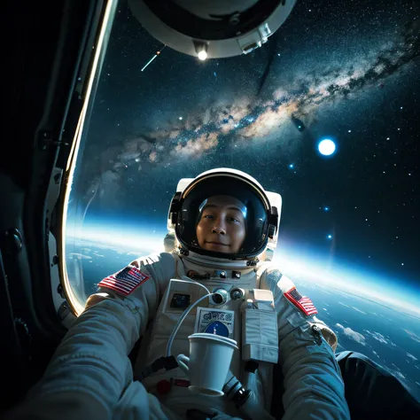 Create a captivating image of an astronaut in the vastness of outer space, savoring a cup of coffee. The scene should depict the astronaut floating effortlessly in their space suit within the confines of a spacecraft or a space station. The astronauts helm...