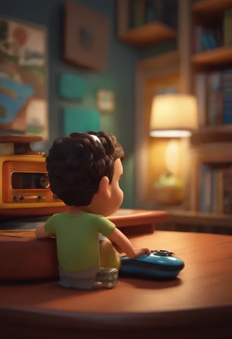 um homem, em breve, barba curta, olhos castanhos, com fones de ouvido, A music studio in the background, Imagem no estilo Pixar, Estilo de filme animado 3D, Disney, camiseta preta