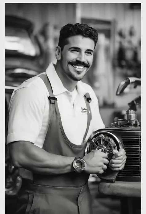 criar em estilo pixar Disney , A Young Mechanic, careca um olho verde outro castanho claro , um bigode ,magro ,tom de pele branca , with some tattoos on his arm , Hes smiling and happy , he is inside a mechanic shop called Quinho auto elétrica, The colors ...