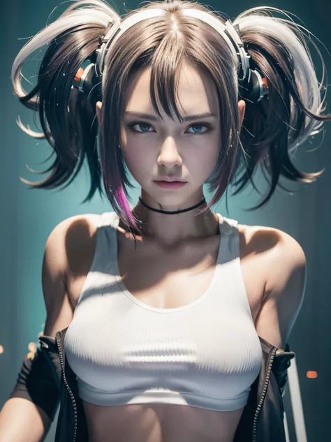 Wear cyberpunk complex streetwear, Beautiful, girl, Enamel Shorts, detailed portrait, 4 k, Bright colors, Concept art, With a cinematic and dramatic atmosphere, (Thin thin white tank top shirt), (hard nipples erect), (nipples pointing up), Colossal tits, S...