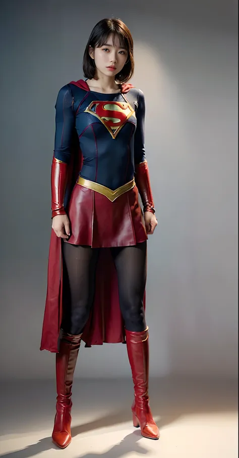 Beautiful girl fighting、japanes、Cute Beautiful Girl、(((Wear black tights on your beautiful legs.)))、(((beauty legs)))、(((Open thighs)))、((((Make the most of the original image)))、(((Supergirl Costume)))、(((Beautiful hair in a short cut)))、(((Injured)))、(((...