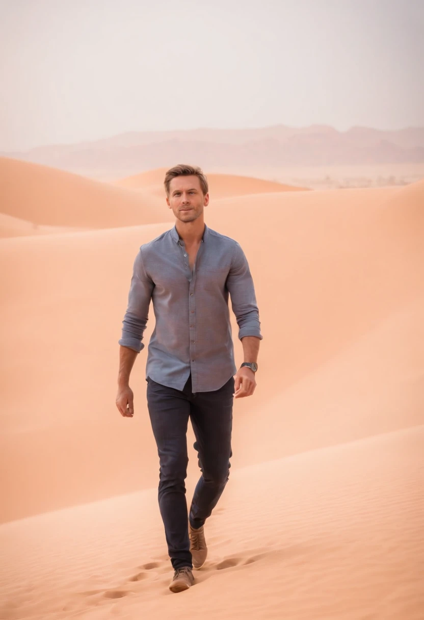 Man walking in the desert, very short hair, dubai en fond, 50m from the camera, high contrast, couleurs chaudes, ultra realist, highly detailed, complicated, mise au point nette, profondeur de champ, Prise de vue moyenne, Hdr, 8k, (hyperrealism:1.2), (phot...