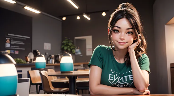 Kristin Kreuk assise et buvant un café à l’extérieur sur le côté de la rue dans un petit café, beau visage, Cheveux noirs longs avec ponytail avec des yeux verts, Vêtu d’un jean et dun T-shirt vert, Grand style de mode, vous regardant avec des yeux aimants...