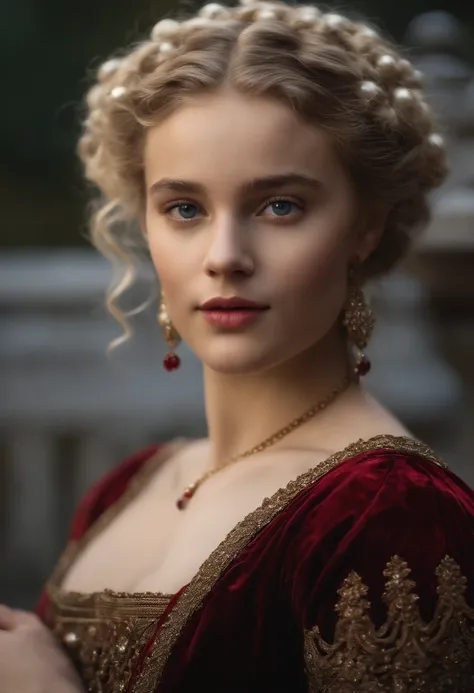 Imagem de um menino Valois, a young French courtesan of the sixteenth century of the fourteenth century, de 16 anos, com sua beleza e charme . Blonde with white hair and beautiful expressive blue curly eyes with small strands and braids. She is dressed in ...