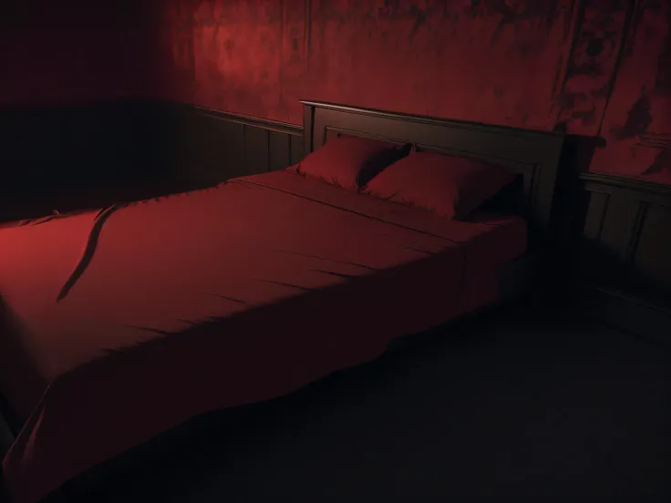 (((vibrant color palette)), Dynamic line, ((detailed shading)): (((bed in dark room, facing front, very realistic))), ((realistic, dark image)) ((4k image from horror movies)) dramatic and realistic expressions, ((a dark, red atmospheric backdrop, focused ...