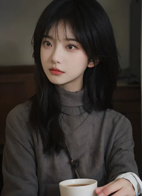 best qualtiy， 超高分辨率， （realisticlying：1.4）， A woman with long black hair and a gray sweater, 中景 the scene is, She has black hair，By bangs, young lovely Korean faces, wan adorable korean face, ulzzangs, Shin Jinying, beautiful aesthetic face, Korean face fea...