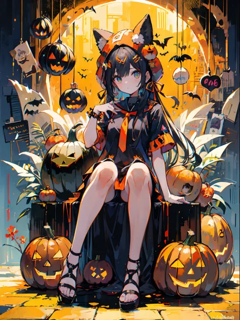 girl with orenge tied hair and a pumpkin hat, sit pose, halloween theme,