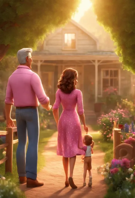 a poster of the Disney and pixar movie of a family The mother has hair with a lot of highlights, the skin color is white, with a long-sleeved leopard blouse and jeans, the father has white hair, the color of skin and white, wears a long-sleeved plaid blous...