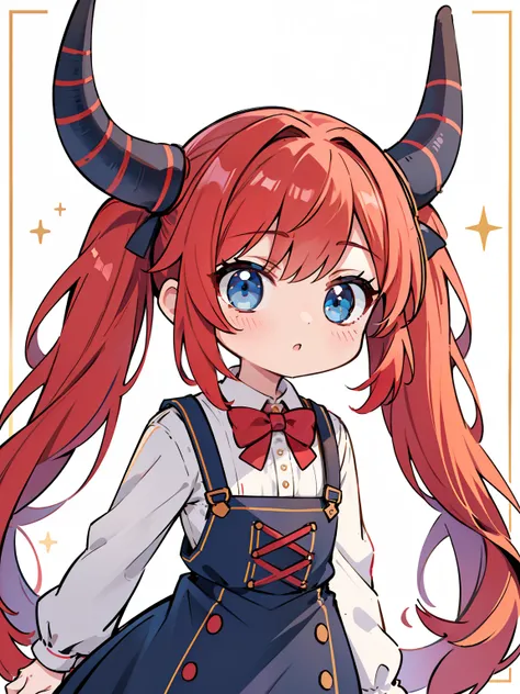 {{best quality}}, {{masterpiece}}, {{ultra-detailed}}, {illustration}, {detailed light}, red hair,blue eyes,twintails,lolita,Suspenders skirt,Fantastic,loli,solo,Dragon horns,little girl,long hair