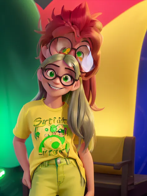 A beautiful girl with yellow medium straight hair, Wearing glasses and braces on your teeth, sorrindo, em um fundo de circo, with green t-shirt and jeans